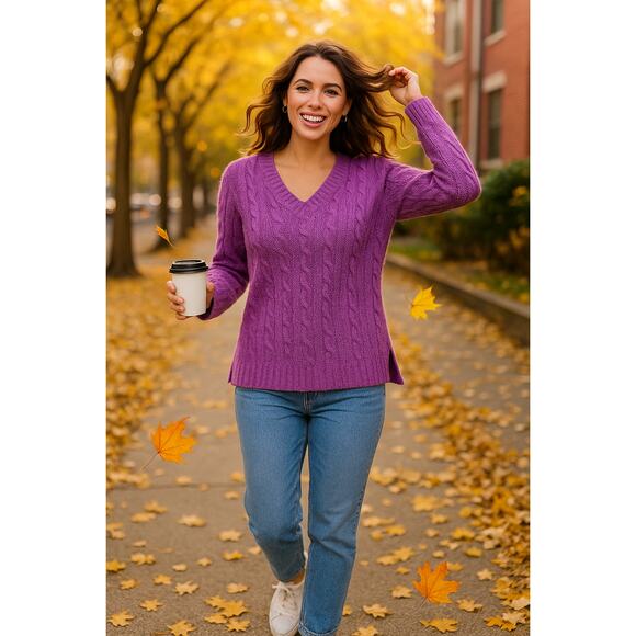 Croft & Barrow Purple Textured Cable V-Neck Sweater - Large - Picture 1 of 10